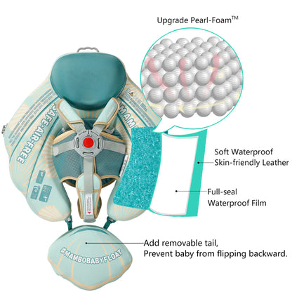 Size and weight specifications for the Mambobaby Seashell float layers. Fits babies 5kg to 18kg (11-40 lbs).
