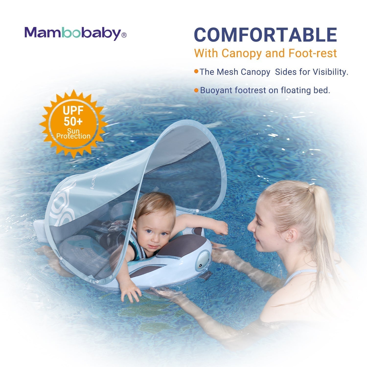 The Mambobaby™ Turtle Float with UPF 50+ sunshade canopy providing 98% UV protection for baby's skin.