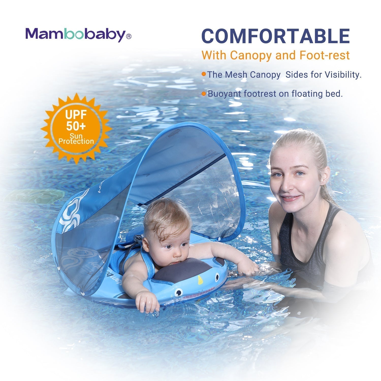 Mambobaby™ UPF 50+ sunshade canopy providing 98% UV protection for baby's sensitive skin.